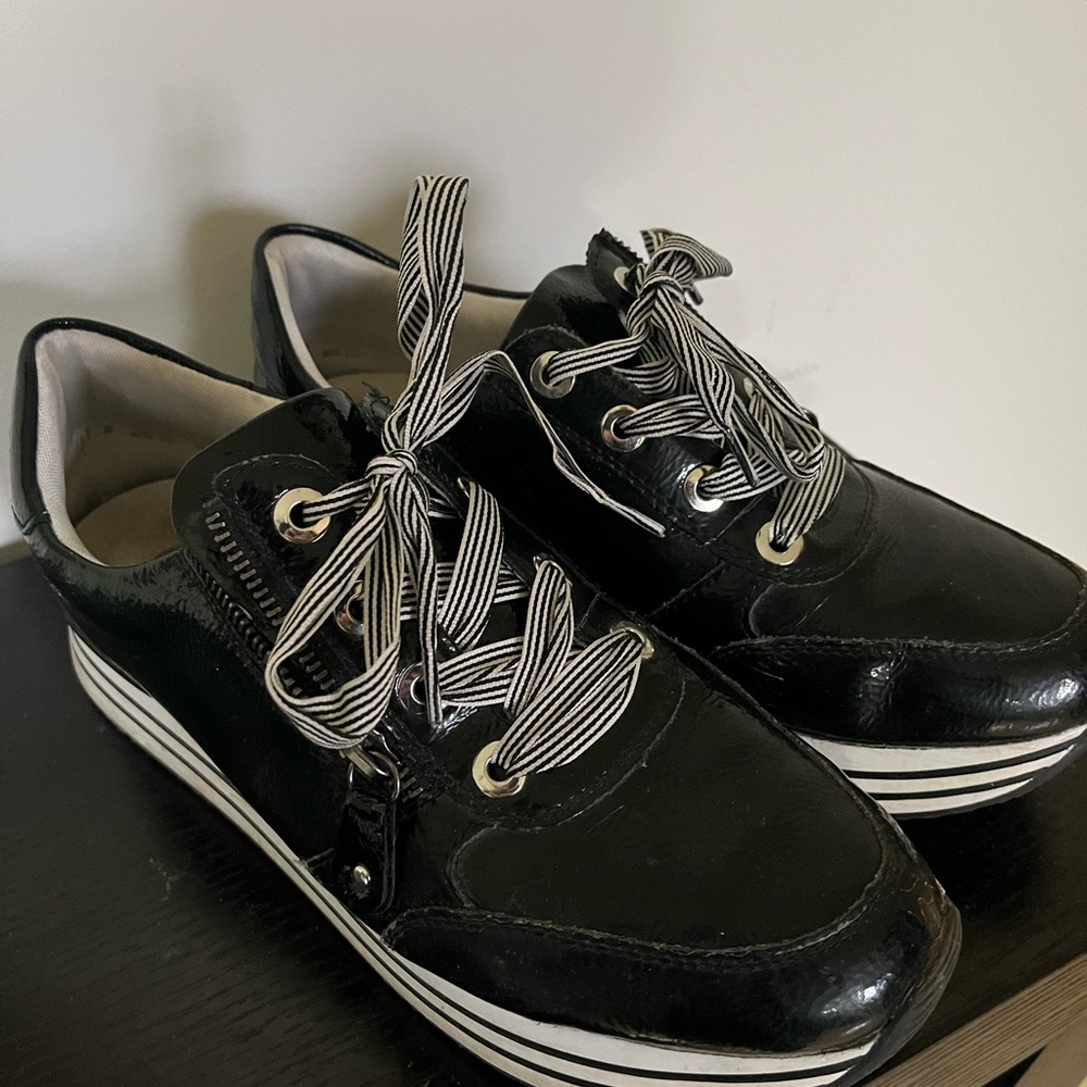 Black Patent Leather Sneakers with Striped Laces
